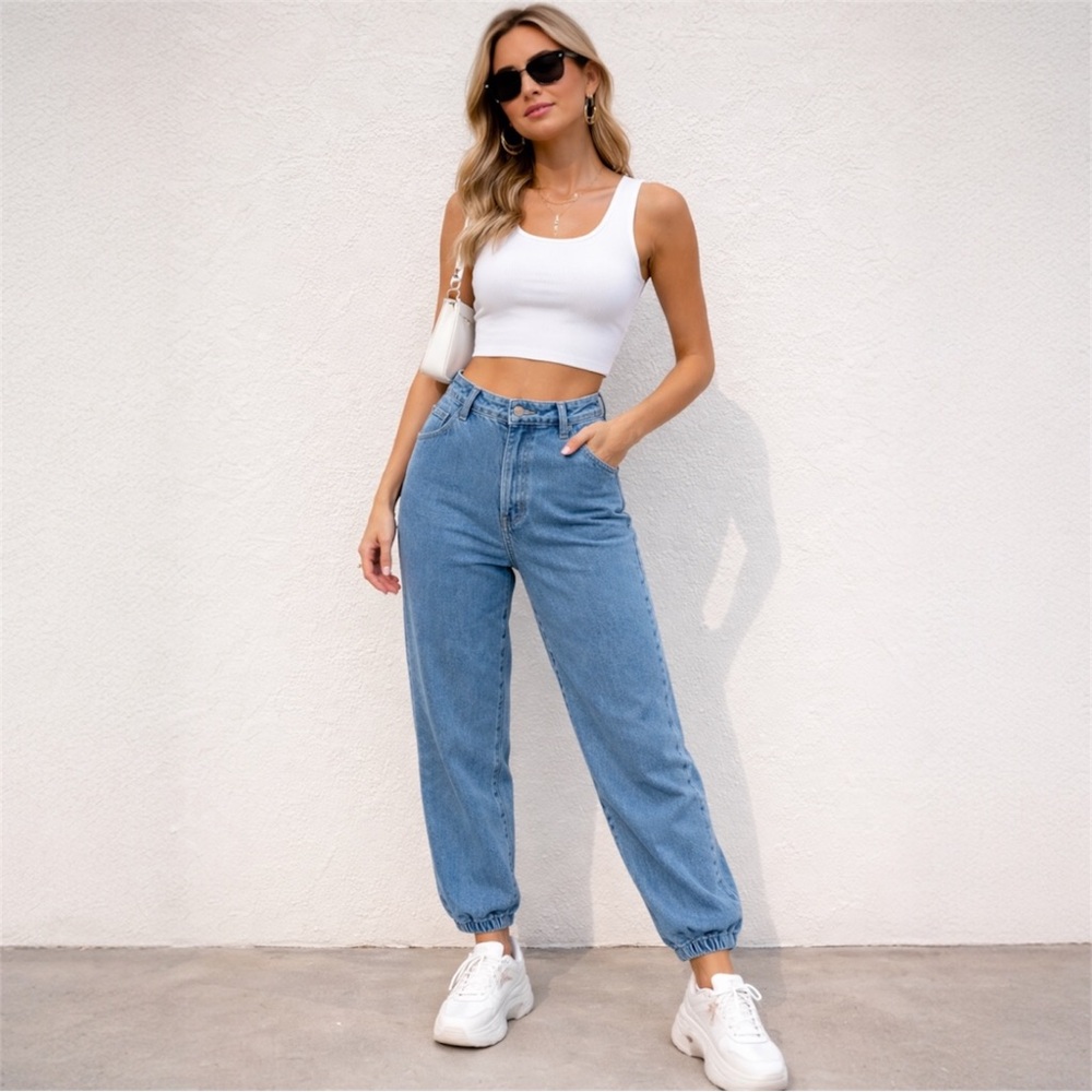 Missguided Wrath High Rise Mom Jogger Jeans Elastic Hem Light Wash Denim Sz 12 🆕